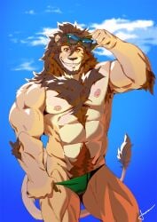 andromorph anthro clothing cuntboy eyewear eyewear_on_head felid hair hi_res intersex jun_(scj) lion looking_at_viewer male_focus mammal mane muscular muscular_anthro nipples pantherine solo speedo sunglasses sunglasses_on_head swimwear taoren