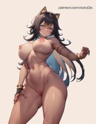 1girls ai_generated azto_dio blue_eyes blush breasts brown_hair censored_pussy dehya_(genshin_impact) frown genshin_impact looking_at_viewer nude pussy