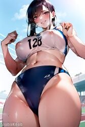 1girls ai_generated big_breasts big_thighs black_hair from_below looking_at_viewer original outside purple_eyes sloboknob smile solo sweat track_and_field