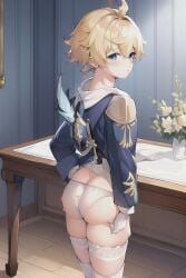 1boy ahoge ai_generated ass ass_focus blonde_hair blue_eyes blush butt_crack coat crossdressing embarrassed from_behind genshin_impact gloves huge_ass looking_at_viewer looking_back mika_(genshin_impact) panties shiny shiny_hair shiny_skin short_hair solo thick_thighs thighhighs trap zod_ai