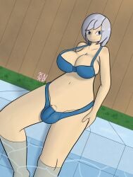 1futa balls big_breasts bikini blue_eyes breasts bulge clothed clothing dickgirl futa_only futanari human intersex jenny_lunaria kinkaru light-skinned_futanari light_skin mostly_nude original penis pool poolside short_hair silver_hair solo water