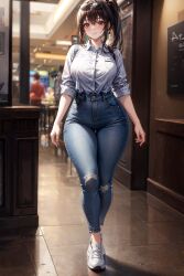 ai_generated blush brown_eyes brown_hair curvy detailed_background eyewear full_body happy hourglass_figure huge_breasts jeans long_hair narrow_waist ponytail portrait stable_diffusion taut_clothes thick_thighs tight_clothing white_blouse white_sneakers