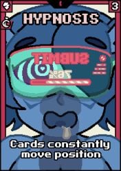 <3_eyes anthro blue_body blue_hair blue_skin bodily_fluids card digital_media_(artwork) drooling english_text eyebrows eyewear female female_focus fish friends_vs_friends game_card genitals glasses hair heart hi_res hypno_eyes hypno_goggles hypnosis marine mind_control nude open_mouth papermoonqueen penis pixel_(artwork) saliva shadow solo text