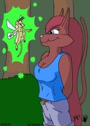 2001 antennae_(anatomy) anthro blonde_hair blue_eyes breasts brown_body brown_fur brown_hair cleavage clothed clothed/nude clothed_female_nude_female clothing domestic_cat duo fairy featureless_breasts felid feline felis female forest fur genitals hair insect_wings kthanid_(artist) long_hair mammal mouse murid murine nude outside page_5 page_number pink_nose plant pussy rodent rutwell_forest serenakty shirt shrub smile tail tank_top topwear tree wings yellow_body yellow_fur