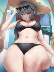 1girls 2023 beach beach_chair big_breasts bikini breasts eyebrows_visible_through_hair eyewear_on_head female female_only frima_(nikke) frima_(sea_of_sloth)_(nikke) gloomyowl goddess_of_victory:_nikke grey_hair hi_res high_resolution highres hips laying_on_back light-skinned_female light_skin long_hair looking_at_viewer sitting solo straw_hat sunglasses sunglasses_on_head swimsuit swimwear thighs