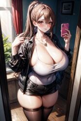 ai_generated black_jacket black_thighhighs blush brown_eyes brown_hair curvy detailed_background earrings gigantic_breasts hourglass_figure huge_breasts indoors long_hair looking_at_viewer narrow_waist necklace original original_character peaceful ponytail seductive_look smartphone stable_diffusion thick_thighs white_tank_top xenomon