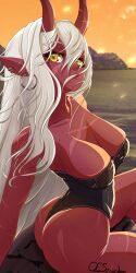 akumi female female_only oc_snacker oni oni_horns red_skin scars virtual_youtuber vyugen white_hair yellow_eyes