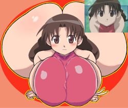 1girls ass azumanga_daiou big_ass blush breasts brown_eyes brown_hair edit furrowed_brow hair highres huge hyper_ass laying_down looking_at_viewer lying_on_stomach peace_sign please_look_forward_to_it reference_inset sideboob solo swimsuit tagme thanuki thanukiart yukari_tanizaki