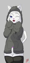 absurd_res anthro blue_eyes choker clothing dakota_(yeetboi420z) felid fur genitals girly hair hi_res hood_up hoodie jewelry legwear male mammal necklace one_eye_closed penis smile solo thigh_highs topwear white_body white_fur white_hair wink yeetboi420z