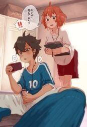 1boy bar_censor blush caught cellphone censored collarbone commentary_request earphones female handjob highres holding holding_phone locker locker_room male_masturbation masturbation on_floor open_mouth original penis phone short_hair sitting soccer_uniform sousuke_(sauceke) sportswear translated