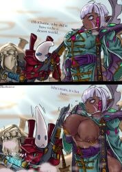 1girls 2boys armor astra_militarum bikini_pull breasts breasts_out clothes_lift comic dark-skinned_female dark_skin dialogue drunkrembrancer eldar english_text facial_markings farseer female guardsman_(warhammer_40k) gyaru_eldar_(drunkrembrancer) headgear human imperial_guard imperium_of_man male nipple_piercing nipple_slip nipples pauldrons pelvic_curtain piercing short_hair sweat tagme tallarn_desert_raiders text warhammer_(franchise) warhammer_40k weapon white_hair