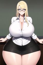 ai_generated black_skirt blonde_hair blue_eyes bootylover02 curvaceous curvy curvy_figure gigantic_ass gigantic_breasts glasses huge_ass huge_breasts huge_hips long_hair looking_at_viewer nai_diffusion seductive_smile shiny_clothes shiny_hair shiny_skin stable_diffusion teacher thick_thighs thunder_thighs unknown_character voluptuous white_shirt wide_hips