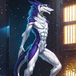 2023 abs absurd_res ai_generated anthro arm_tuft athletic athletic_anthro crotch_tuft female flat_chested fur furry genitals hair hand_behind_back hi_res jamesthesergal long_hair navel nude plant purple_body purple_fur pussy sergal simple_background small_waist smile snow solo stable_diffusion tagme tuft white_body white_fur