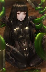 1girls absurd_res absurdres arms_up black_hair breasts clenched_teeth hi_res high_resolution highres hime_cut limgae looking_at_viewer red_eyes restrained shin_megami_tensei spread_legs suit teeth tentacle tight_clothing toki_(shin_megami_tensei_iv_final) very_high_resolution