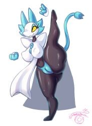 anthro big_ass breasts cameltoe deltarune feline female legs_up nipple_bulge presenting presenting_pussy splits steamydonutz tasque_manager_(deltarune)