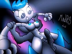 blue_hair hands_up jenny_wakeman madrs medium_breasts my_life_as_a_teenage_robot penis robot robot_girl surprised white_body white_skin xj-9 xj9