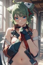 1girls 2023 ai_generated ai_hands anime_nose blue_eyes breasts breasts_out cat_ears green_hair juniper_(xenoblade) looking_at_viewer monolith_soft nintendo nipples short_hair xenoblade_(series) xenoblade_chronicles_3