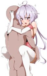 1boy ahoge blush bodysuit breasts elbow_gloves female gloves highres hug large_breasts long_hair open_mouth purple_eyes purple_hair senki_zesshou_symphogear sex sideboob simple_background straight sweat thighhighs unkoman_(rakugakiunkoman) vaginal_penetration white_background white_thighhighs yukine_chris