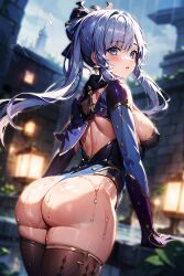 ai_generated alternate_costume ass ass_focus blue_eyes blue_hair blush breasts cape cosplay elbow_gloves embarrassed fasan_art female from_behind genshin_impact gloves hair_ornament huge_ass kamisato_ayaka large_breasts leotard long_hair looking_at_viewer mona_(genshin_impact) mona_(genshin_impact)_(cosplay) open_mouth parted_lips ponytail shiny shiny_clothes shiny_hair shiny_skin sideboob solo thick_thighs thighhighs thong thong_leotard wet wet_clothes wet_hair wet_skin