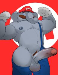 1boy 2023 anthro balls ballsack bara barazoku beefy biceps big_balls big_muscles big_penis blue_eyes boner brown_hair clothed clothing elephant elephant_mario elephantid erection eyebrows facial_hair flexing foreskin gay genitals gloves grey_skin handwear hat headgear headwear hi_res huge_balls huge_cock huge_muscles humanoid_genitalia humanoid_penis intact logo long_penis looking_at_viewer male male_nipples male_only male_pubic_hair mammal mario mario_(series) masculine muscles muscular_anthro muscular_male mustache navel nintendo open_pants overalls overalls_down overalls_only partially_retracted_foreskin pecs penis presenting presenting_penis proboscidean pubes red_background rickpenman scrotum simple_background smooth_penis solo standing super_mario_bros._wonder suspenders testicles thick_penis toony topless topless_anthro topless_male trunk uncut