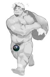 1boy abs akiha_gongen_(tokyo_afterschool_summoners) bag ball bandaid bandaid_on_face bandaid_on_leg bandaid_on_nose bara billiard_ball blush dark-skinned_male dark_skin dyzd1 emoji emoji_censor facial_hair flaccid flying_sweatdrops full_body goatee greyscale hand_up highres horns huge_eyebrows large_pectorals looking_ahead male male_focus male_only male_pubic_hair monochrome multicolored_hair muscular muscular_male navel nipples pectoral_lift pectoral_squeeze pectorals penis penis_peek pubic_hair running scar scar_on_arm scar_on_leg short_hair shoulder_bag sideburns single_horn solo stomach sweat sweating_profusely thick_eyebrows thick_thighs thighs tokyo_afterschool_summoners two-tone_hair