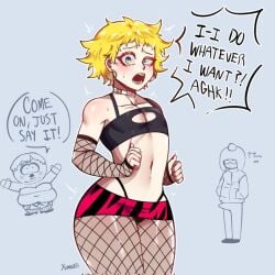 adult boner boner_in_pants craig_tucker crossdressing embarrassed eric_cartman femboy fishnets looking_at_viewer sissy slutty_outfit south_park thick_thighs tweek_tweak wide_hips ximena83