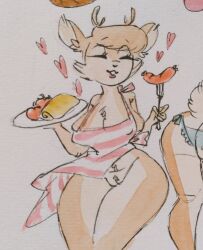 1girls 2020 anthro antlers apron barbecue blue_eyes brown_fur closed_eyes deer female flashing_pussy furry heart lewdersheep lingerie pencil_(artwork) pussy short_hair tail thick_thighs