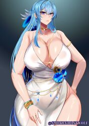 1girls alternate_costume big_breasts blue_eyes blue_hair bracelets clothed clothing female female_only goddess_of_victory:_nikke helm_(chandelier)_(nikke) helm_(nikke) indoors jewelry light-skinned_female light_skin looking_at_viewer official_alternate_costume revealing_clothes sideboob smokeghostwolf solo solo_female wide_hips