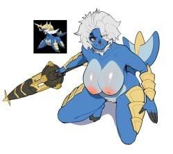 big_breasts breasts female janjin192 league_of_legends orange_eyes pokémon_(species) pokemon rell_(league_of_legends) samurott thick_thighs white_hair wide_hips