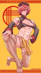 1boy abs blush bulge chinese_clothes fate/grand_order fate_(series) femboy fundoshi fuuma_kotarou_(fate) hat highres japanese_clothes kamenakake kamenakaoji looking_at_viewer male male_focus male_only muscular_femboy nipples otoko_no_ko red_eyes red_hair see-through short_hair solo tattoo testicle_peek testicles thighhighs toned toned_male yellow_background