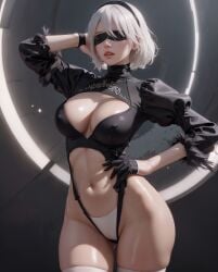 1girls ai_generated aiwaifu69 android ass big_ass big_breasts big_butt black_blindfold black_clothing black_gloves black_hairband black_legwear blindfold breasts feathers front_view gloves gynoid hairband indoors legwear looking_back nier nier:_automata panties pussy_line robot robot_girl short_hair white_hair yorha_2b