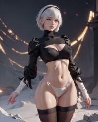 1girls ai_generated aiwaifu69 android ass big_ass big_breasts big_butt black_blindfold black_clothing black_gloves black_hairband black_legwear blindfold breasts feathers front_view gloves gynoid hairband indoors legwear looking_back nier nier:_automata panties pussy_line robot robot_girl short_hair white_hair yorha_2b