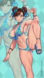 1girls bikini brown_hair chun-li curvaceous curvy_body curvy_female curvy_figure female female_only fully_clothed hi_res huge_breasts light-skinned_female lustypix revealing_clothes sandals solo street_fighter swimsuit voluptuous voluptuous_female