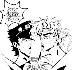 3boys battle_tendency bishonen double_fellatio face_closeup gay incest jojo's_bizarre_adventure jonathan_joestar joseph_joestar jotaro_kujo male male/male/male male_only mmm_threesome oral penis phantom_blood stardust_crusaders threesome yaoi