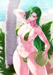 1girls abs alternate_costume annand_(fire_emblem) bare_shoulders bare_thighs beach bikini breasts coconut collarbone covered_nipples ear_piercing female female_only fire_emblem fire_emblem:_genealogy_of_the_holy_war green_bikini green_hair green_swimsuit huge_breasts long_hair nintendo ocean outdoors palm_tree partially_visible_vulva piercing shoulders sideboob smile solo swimsuit ta_dasu_(tadasu_hayashi) thick_thighs thighs tree water wet