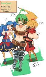 3girls archer_(disgaea) artist_request belt_bra breast_expansion breasts cleavage disgaea exposed_breasts female female_only kunoichi kunoichi_(disgaea) large_breasts multiple_girls nippon_ichi_software valkyrie_(disgaea) visible_nipples wardrobe_malfunction