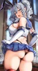 ass belko below_view big_ass big_breasts black_thong blue_eyes blush bottle bottom_view breasts breasts_visible_through_clothing bunny_ears electric_fan fan gloves huge_ass huge_breasts kantai_collection kashima_(kantai_collection) large_ass large_breasts legwear long_hair looking_at_viewer looking_down micro_panties panties plump plump_thighs red_legwear shimakaze_(kantai_collection) shimakaze_(kantai_collection)_(cosplay) short_shirt silver_hair skirt skirt_lift smug smug_face sweat sweatdrop sweating sweaty_body sweaty_thighs tagme thick_thighs thighs thong thong_panties twintails viewed_from_below water_bottle white_gloves window