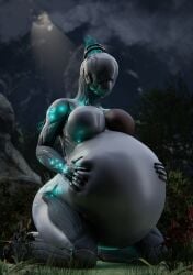 1girls ass breasts cumflation forest glowing holding_belly huge_belly hyper_belly kneeling monsterdongsart nova_(warframe) pregnant solo tagme warframe