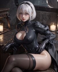 1girls ai_generated aiwaifu69 android ass big_ass big_breasts big_butt black_blindfold black_clothing black_gloves black_hairband black_legwear blindfold breasts feathers front_view gloves gynoid hairband indoors legwear looking_back nier nier:_automata panties pussy_line robot robot_girl short_hair white_hair yorha_2b