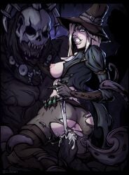 1girls anus ass breasts clenched_teeth clothed_sex color cowgirl_position cum cum_in_pussy cum_inside dagger darkest_dungeon dripping_cum dubious_consent erect_nipples femdom functionally_nude grave_robber_(darkest_dungeon) grin hand_under_chin held_at_knifepoint monster monster_cock monster_sex monstersub ripped_clothing ripped_pants sex smile straddling straight tentacle upright_straddle vaginal_penetration weapon zulidian