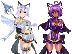 1girls after_handjob animal_ears armpits before_and_after blushing brainwashed brainwashing cape cat_ears corrupted corruption cum cum_on_hand dark_persona dark_skin gold_eyes heart-shaped_pupils hypnosis long_gloves looking_at_viewer magical_girl meten mind_control navel open_mouth original purple_eyes purple_hair ribbon saliva_string short_skirt silver_hair skirt spear stockings thick_thighs thighhighs tongue tongue_out white_skin