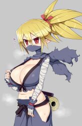 alternate_version_available blush blush breasts chubby chubby_female cleavage disgaea facemask huge_breasts japanese_text kunoichi kunoichi_(disgaea) large_breasts looking_at_viewer nippon_ichi_software no_bra no_panties sawati sweat