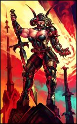 2023 2d armor armored_boots belt color corset detailed_background enclave eyes_covered helmet janrock mordessa muscular muscular_female muscular_thighs platform_boots platform_footwear red_lipstick sword