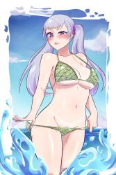 1girls big_breasts bikini black_clover blush breasts hi_res hito_clover long_hair looking_at_viewer noelle_silva outside panties panty_pull pubic_hair purple_eyes shiny_skin silver_hair smile tan_body teasing thick_thighs thighs twintails water