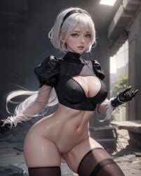 1girls ai_generated aiwaifu69 android ass big_ass big_breasts big_butt black_blindfold black_clothing black_gloves black_hairband black_legwear blindfold breasts feathers front_view gloves gynoid hairband indoors legwear looking_back nier nier:_automata panties pussy_line robot robot_girl short_hair white_hair yorha_2b