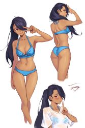 1girls 2023 ass bikini black_hair blue_bikini blue_swimsuit blush breasts brown_eyes color dark-skinned_female dark_skin digital_drawing_(artwork) digital_media_(artwork) female female_only hair_over_one_eye long_hair long_hair_female navel one_eye_obstructed original original_character parted_lips phrecklesart ponytail see-through_clothing simple_background sweat swimsuit tan_skin two_piece_swimsuit wet_clothes wet_shirt white_background