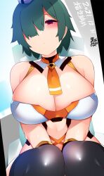 big_breasts black_legwear breasts female_only hair_over_one_eye kuroishimebo legwear looking_at_viewer navel oranje phantasy_star phantasy_star_online short_hair sitting tie