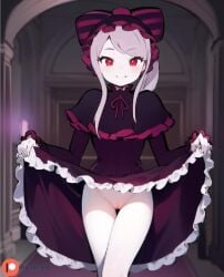 1girls ai_generated anonymanonymus clothed hat lifting_dress lifting_skirt overlord_(maruyama) pale_skin pussy red_eyes shalltear_bloodfallen solo vampire