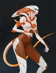 1girls 5_fingers alien android animated anthro ass back_spikes background breasts elbow_spikes featureless_breasts female hips hologram holographic_face oleg_bulakh red_body slim_tail slim_waist small_breasts solo tail thighs tummy two_tone_body xenomorph