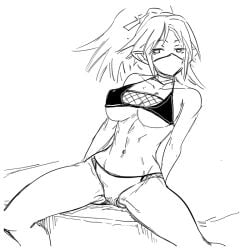 bb_(baalbuddy) bra breasts disgaea facemask kunoichi_(disgaea) large_breasts monochrome nipple_bulge nippon_ichi_software panties spread_legs underwear underwear_only